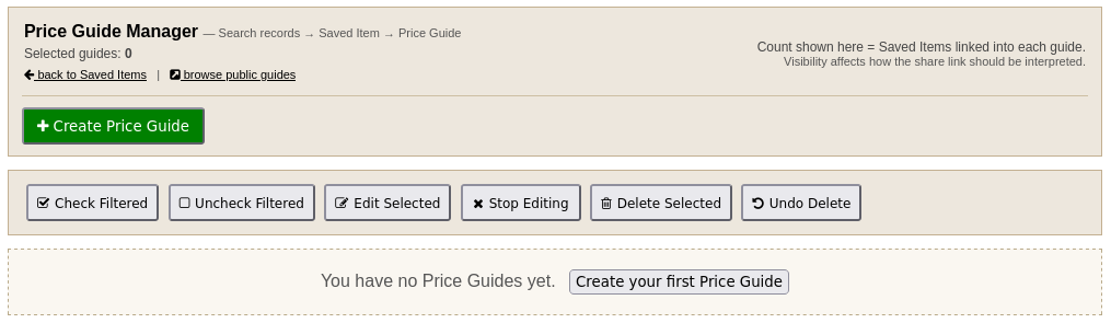 BSPi Price Guide Manager with controls for organizing research guides