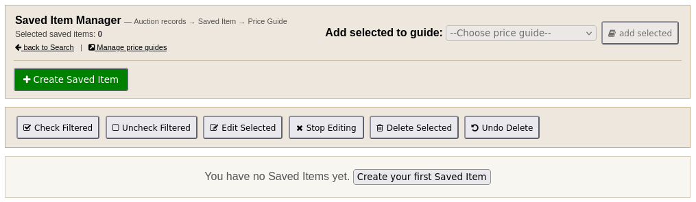 BSPi Saved Item Manager showing the Create Saved Item action
