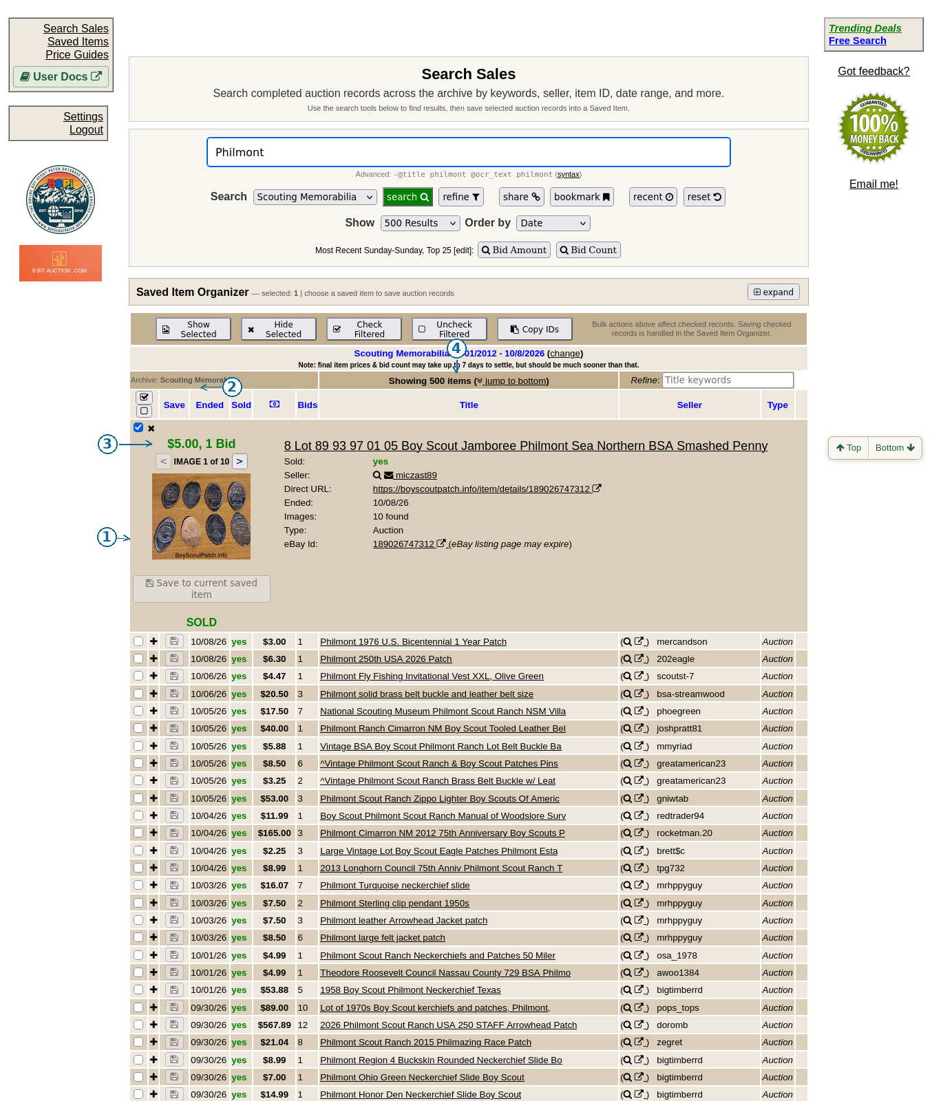 Expanded Search result showing its photograph, image controls, and additional sale details