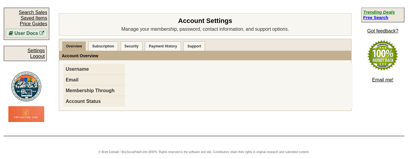 BSPi Account Settings navigation; account details removed for privacy
