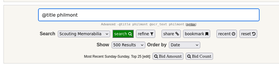 Search box containing at-title Philmont field query